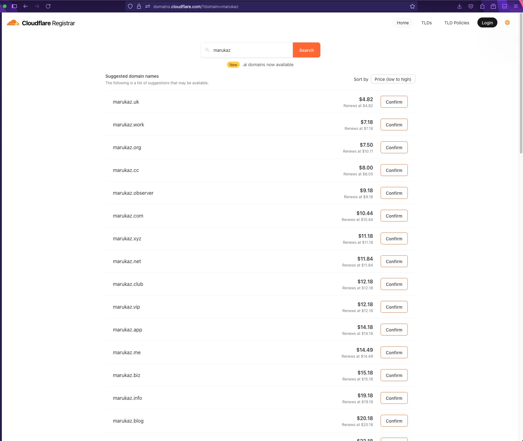 Cloudflareでのドメイン取得画面